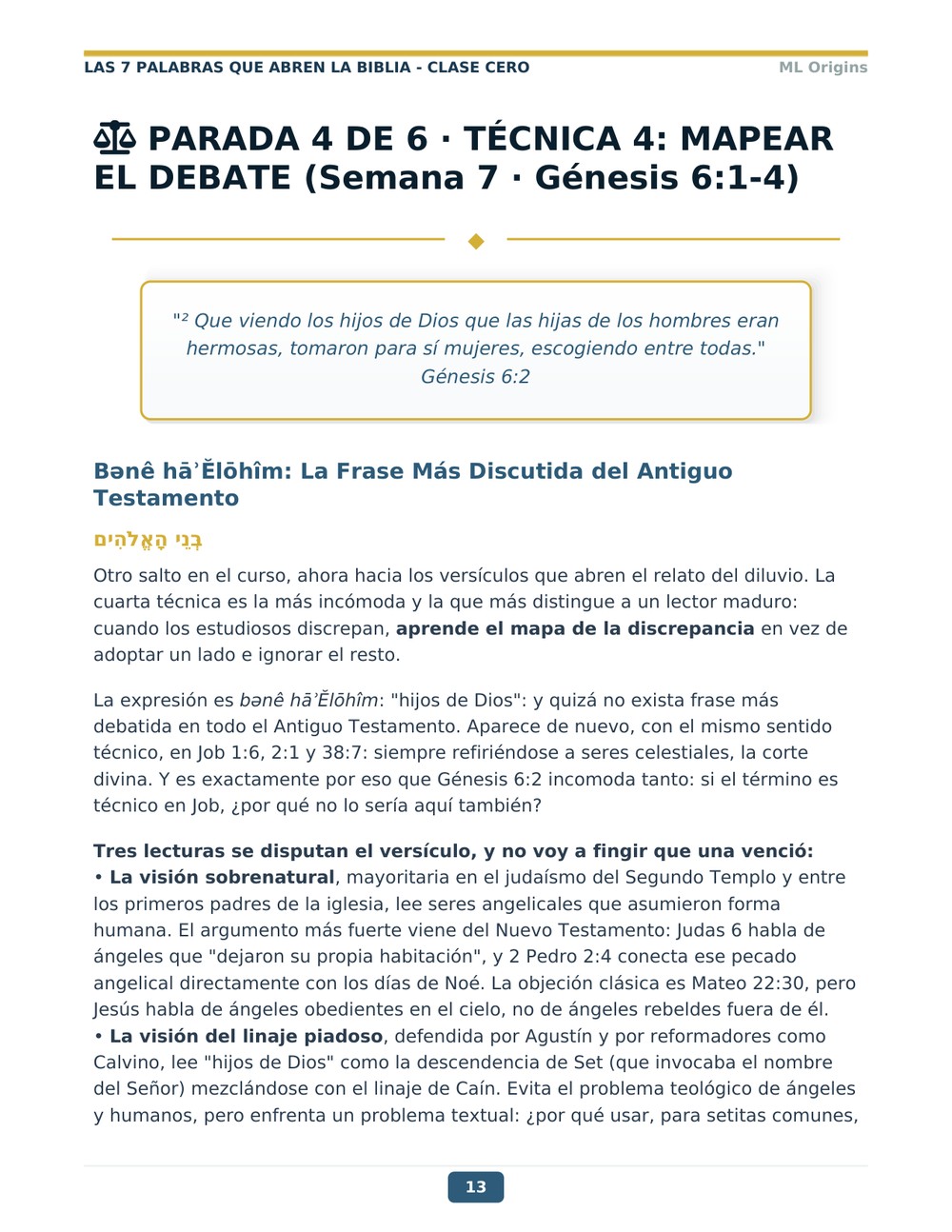 Página real de la Clase Cero: Técnica 4, mapear el debate, con las tres lecturas concurrentes de Génesis 6:2
