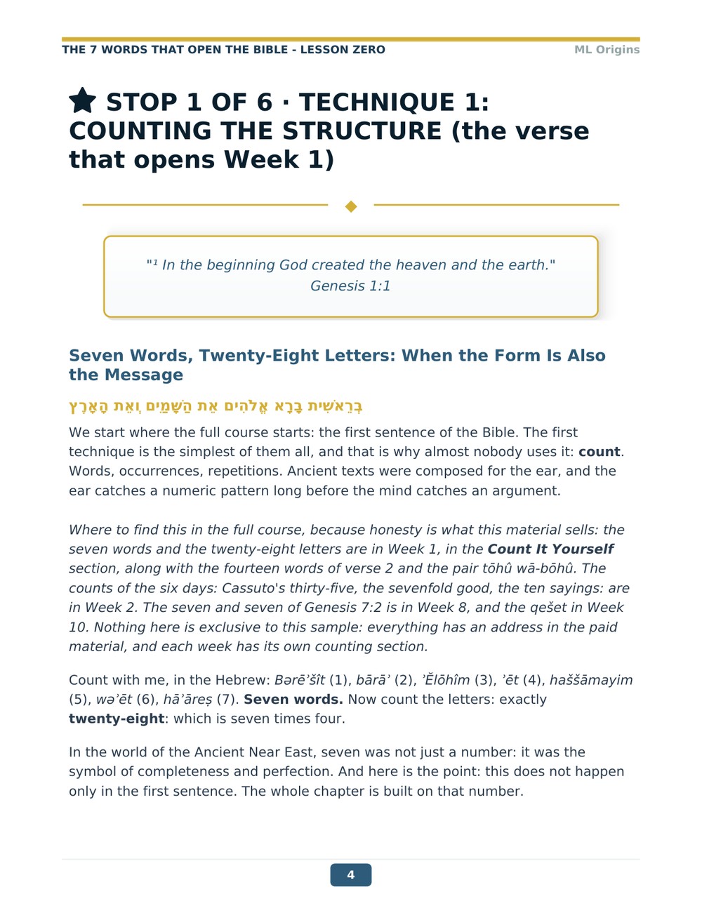 Real page from Lesson Zero: Technique 1, counting structure, with the analysis of the seven words of Genesis 1:1 in Hebrew