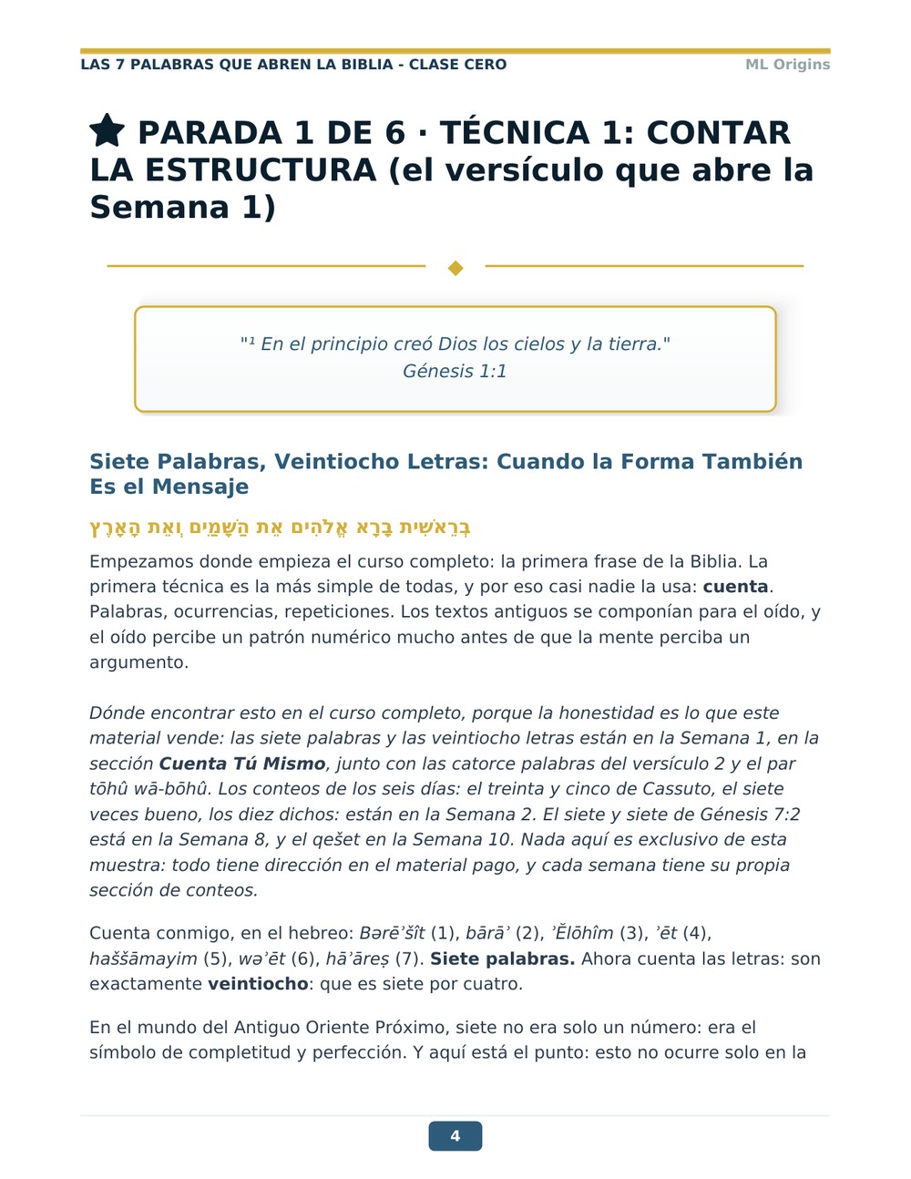 Página real de la Clase Cero: Técnica 1, contar la estructura, con el análisis de las siete palabras de Génesis 1:1 en hebreo