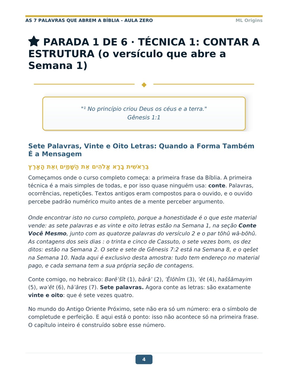 Página real da Aula Zero: Técnica 1, contar a estrutura, com a análise das sete palavras de Gênesis 1:1 em hebraico